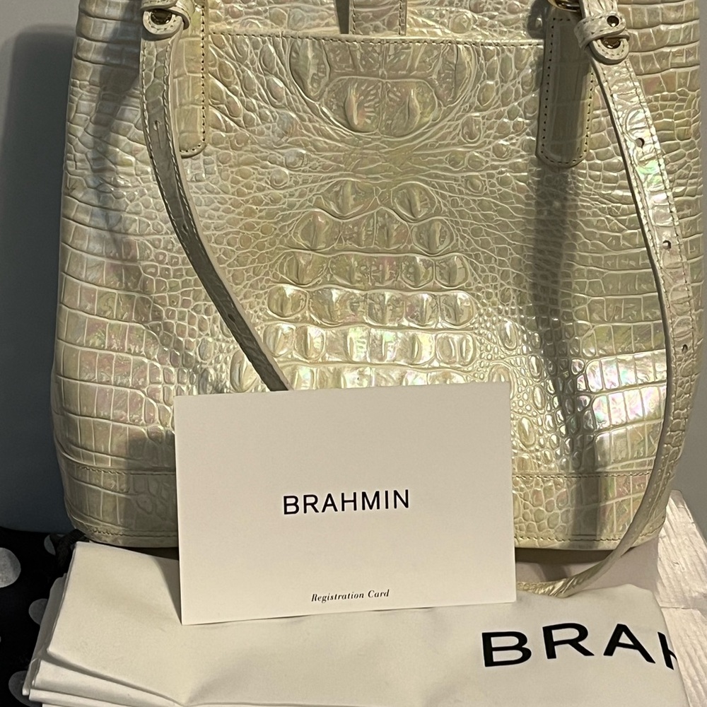 Brahmin Elegant Cream Crocodile-Embossed Tote Bag